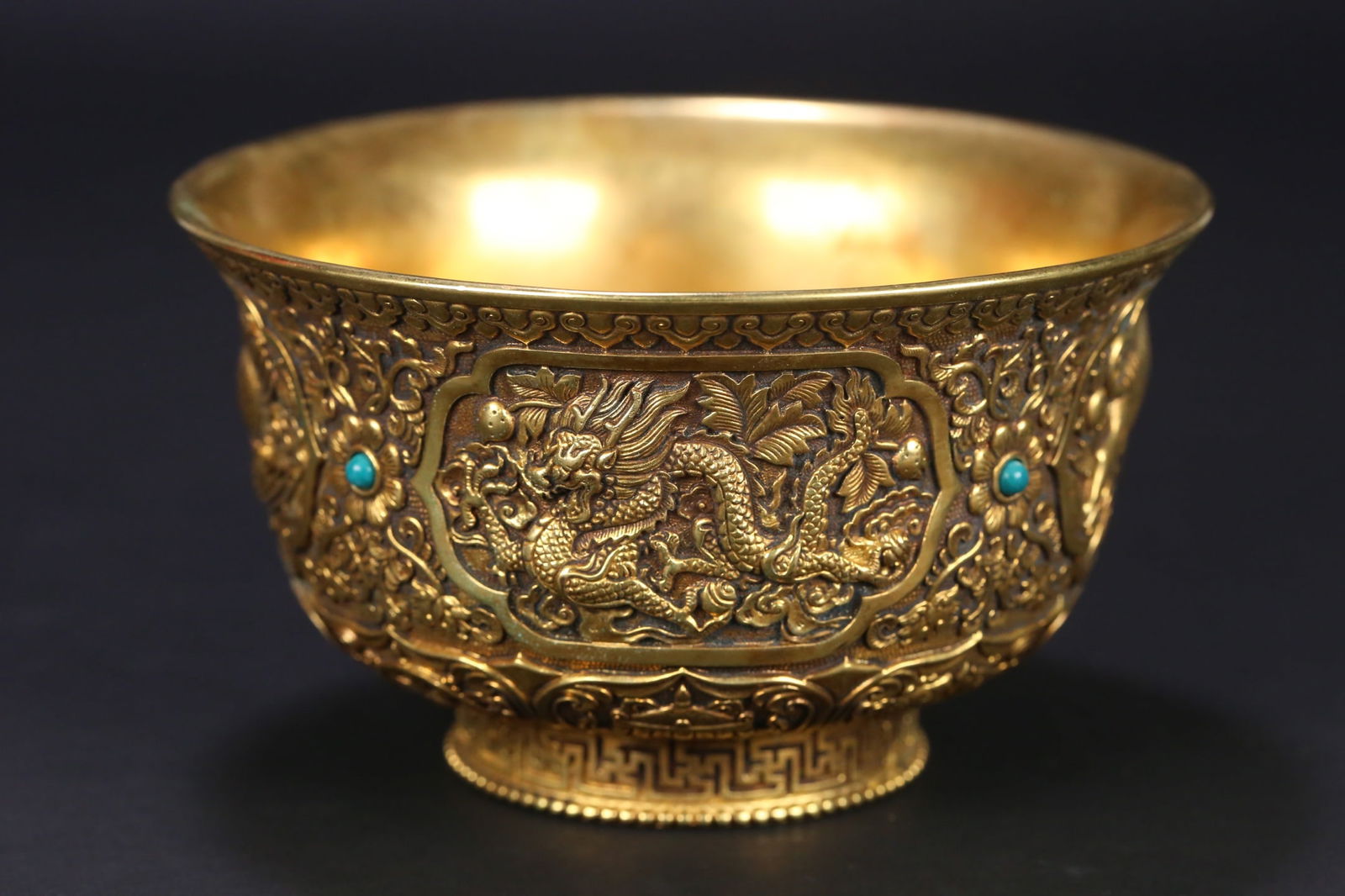 An Exquisite Gilt Bronze Dragon and Phoenix Pattern Eight Treasures Pattern Bowl (1 of 9)