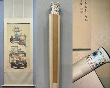 A Chinese Vertical Scroll Ink Painting of Flower on Silk