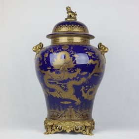 An Exquisite Ji Blue Glazed Inlaid Bronze Painted Gold Dragon Pattern Double-Ears Jar