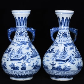 An Exquisite Blue and White Character and Story Pattern Lotus Pattern Double-Ears Vase