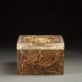 An Exquisite Crystal Cover with Gold Buddha Statue Pattern Box