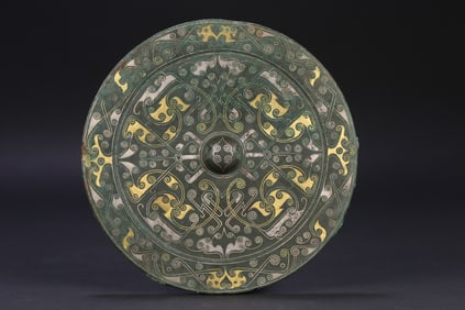 An Exquisite Bronze Inlaid Gold and Silver Round Mirror