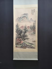 A Chinese Vertical Scroll Ink Painting of Landscape on Paper