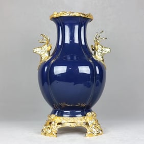 An Exquisite Ji Blue Glazed Inlaid Bronze Double-Ears Vase