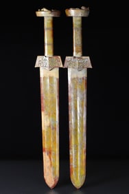 A Pair of Exquisite White Jade Beast-Face Pattern Chi-Dragon Pattern With Inscription Sword