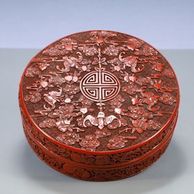 A Exquisite Carved Red Lacquer Bats and Peach Pattern Box