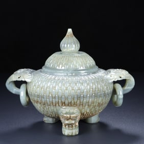 An Exquisite White Jade Double-Ears and Tripod Censer