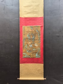 A Chinese Vertical Scroll Ink Painting of Character and Story on Silk