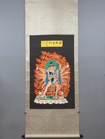 A Chinese Vertical Scroll Ink Painting of Buddha Statue on Silk