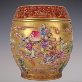 An Exquisite Enamel Character and Story Pattern Lotus Pattern Bats and Peach Pattern Tea Caddy