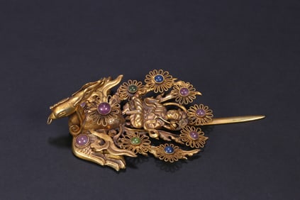 An Exquisite Gilt Silver Inlaid Gems Phoenix-Shaped Hairpin