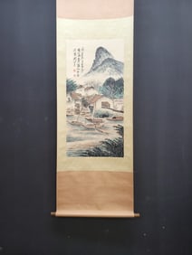 A Chinese Vertical Scroll Ink Painting of Landscape and Figure on Paper