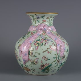 An Exquisite Famille-Rose Celadon Glazed Flower and Butterfly Pattern Vase