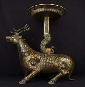 An Exquisite Bronze Inlaid Gold With Inscription Deer-Shaped Candlestick