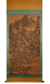 A Chinese Vertical Scroll Ink Painting of Landscape on Silk