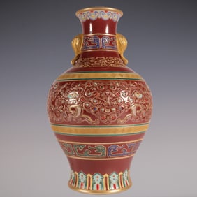 An Exquisite Enamel Painted Gold Beast-Face Pattern Double-Ears Vase