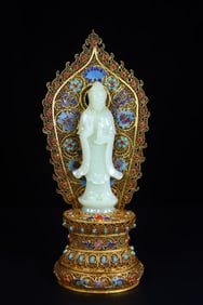 An Exquisite White Jade Inlaid Gems Statue of Avalokitesvara