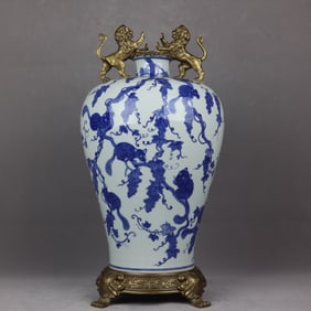 An Exquisite Blue and White Inlaid Bronze Squirrel and Grapes Pattern Double-Ears Vase