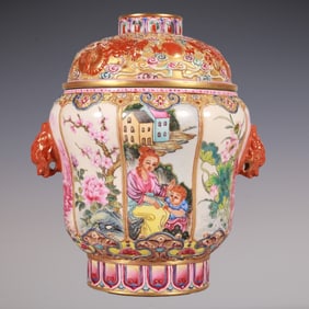 An Exquisite Enamel Character and Story Pattern Dragon Pattern Double-Ears Tea Caddy