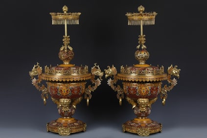 A Pair of Exquisite Cloisonne Lotus Pattern Dragon and Phoenix Pattern Censer