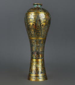 An Exquisite Bronze Inlaid Gold With Inscription Vase