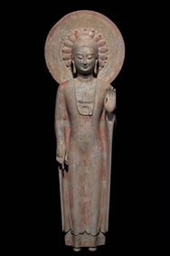 An Exquisite Limestone Painted Color Buddha Statue