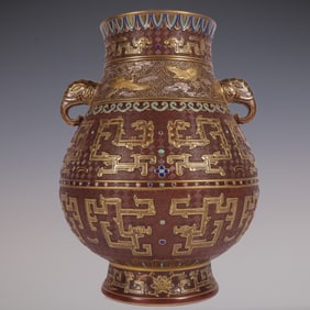 An Exquisite Bronze Glaze Gold and Silver Double-Ears Vase