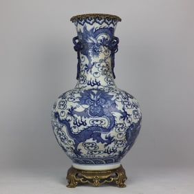 An Exquisite Blue and White Inlaid Bronze Dragon Pattern Seawater Pattern Vase