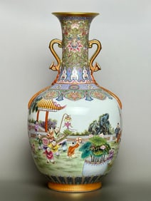 An Exquisite Famille-Rose Lotus Pattern Character and Story Pattern Double-Ears Vase