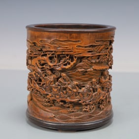 A Exquisite Bamboo Landscape and Figure Pattern with poem Brush Pot