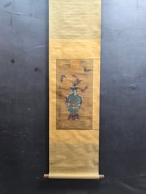 A Chinese Vertical Scroll Ink Painting of Bats on Silk