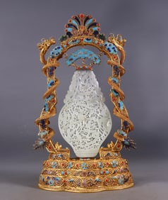 An Exquisite Gilt Bronze Inlaid White Jade Dragon and Phoenix Pattern Screen