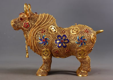 An Exquisite Gilt Bronze Inlaid Gems Buffalo Ornament