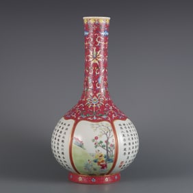 An Exquisite Famille-Rose Ruby Red-Glazed Lotus Pattern Character and Story Pattern with poem Vase