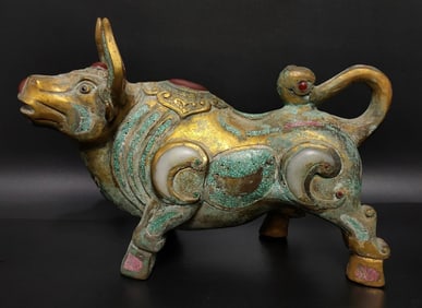 An Exquisite Gilt Bronze Inlaid Gems Buffalo Ornament