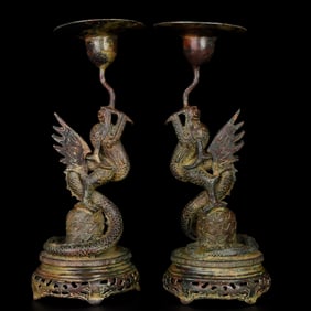 A Pair of Exquisite Bronze Dragon Pattern Candlestick