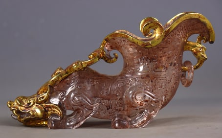 An Exquisite Glass Cover with Gold Auspicious Beast-Shaped Cup