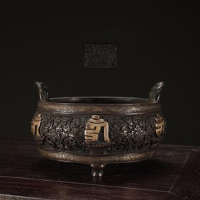 An Exquisite Bronze Inlaid Silver Lotus Pattern Double-Ears and Tripod Censer