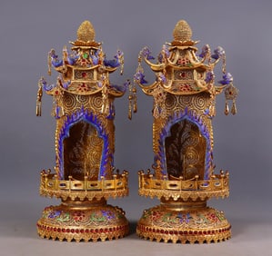 A Pair of Exquisite Gilt Bronze Inlaid Gems Flower Pattern Niche