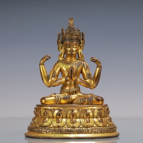A Exquisite Gilt Bronze Four-arms Statue of Avalokitesvara