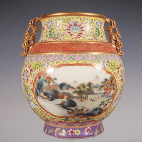 An Exquisite Famille-Rose Painted Gold Lotus Pattern Landscape Pattern Double-Ears Jar