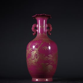 An Exquisite Ruby Red-Glazed Painted Gold Rabbit Pattern Bamboo Pattern with poem Double-Ears Vase