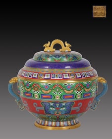 An Exquisite Cloisonne Beast-Face Pattern Double-Ears Censer