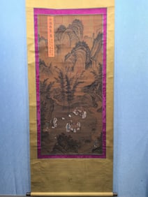 A Chinese Vertical Scroll Ink Painting of Landscape and Figure on Silk