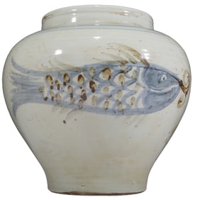 An Elaborate Blue And White Copper-Red 'Fish' Korean Jar