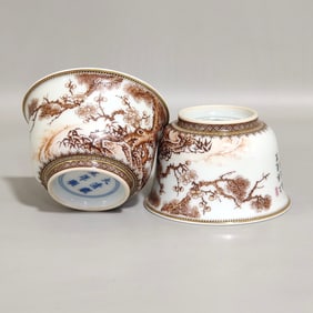 A Pair of Exquisite Ink Color Pine, Bamboo and Plum Blossom Pattern Cups,With Poem