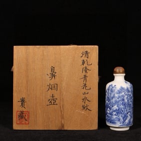 An Exquisite Blue and White Landscape and Figure Pattern Snuff Bottle