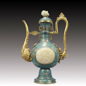 An Exquisite Cloisonne Inlaid White Jade Lotus Pattern Beast-mouse Ewer