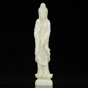 An Exquisite White Jade Statue of Avalokitesvara