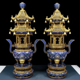 A stunning pair of cloisonné double-eared and tripod censers with twining lotus patterns